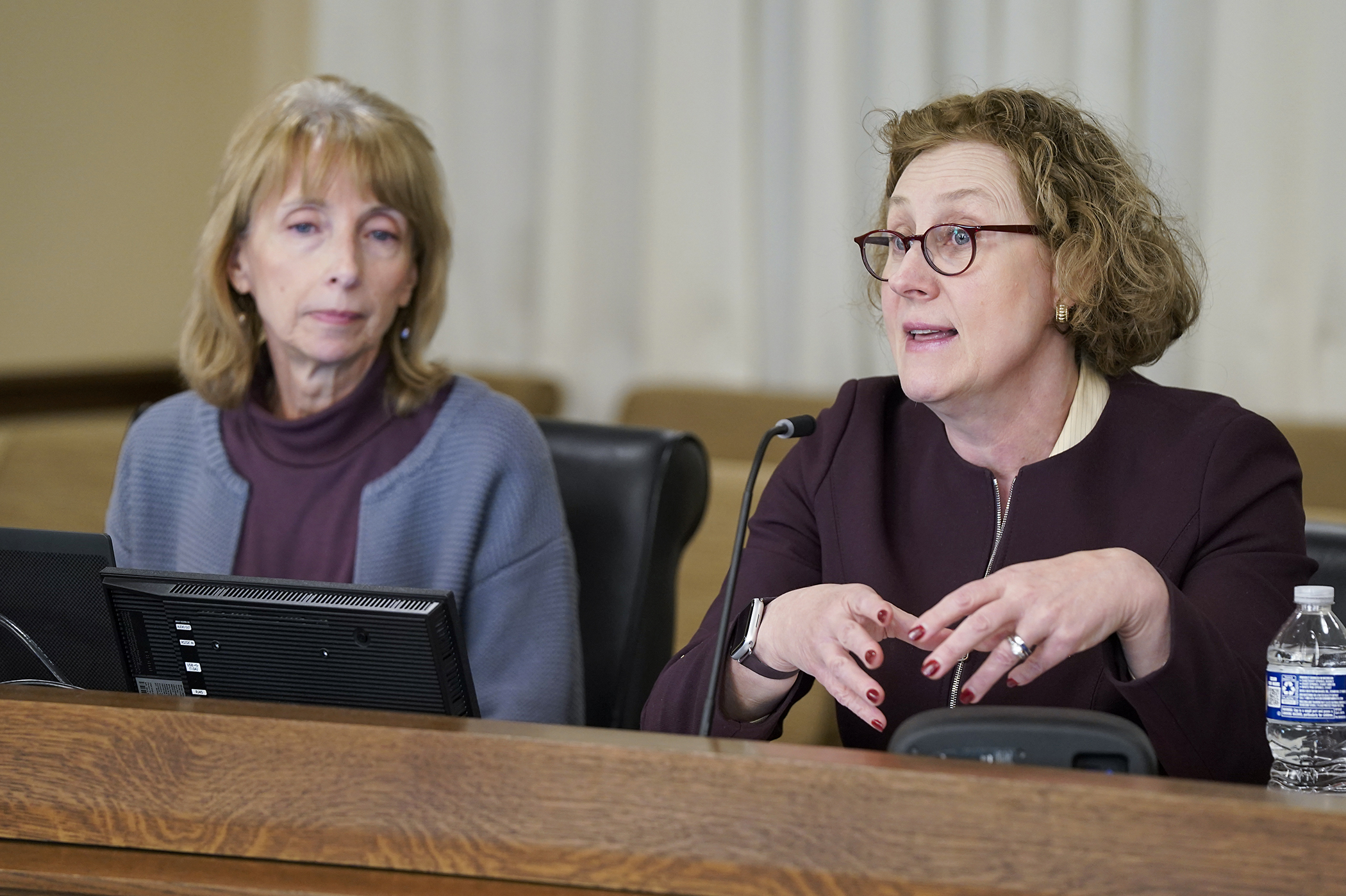 University of Minnesota Budget Director Julie Tonneson and President Dr. Rebecca Cunningham discuss the university’s budget request with the House Higher Education Finance and Policy Committee Feb. 20. (Photo by Michele Jokinen)